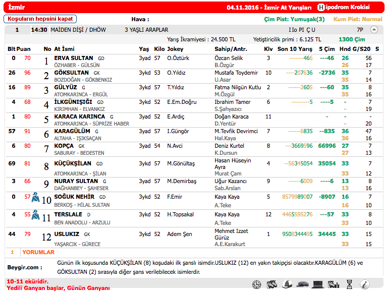 04 Kasım 2016 Cuma İzmir at yarışı bülteni ve tahminleri