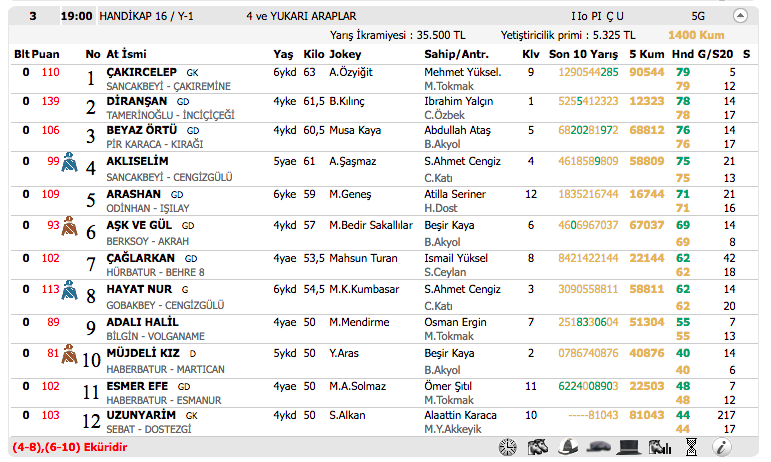 05 Kasım 2016 Cumartesi Adana at yarışı bülteni ve tahminleri
