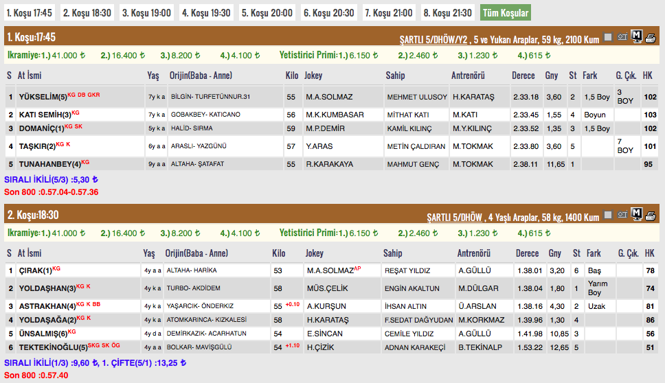 25 Mart 2018 Adana at yarışı sonuçları