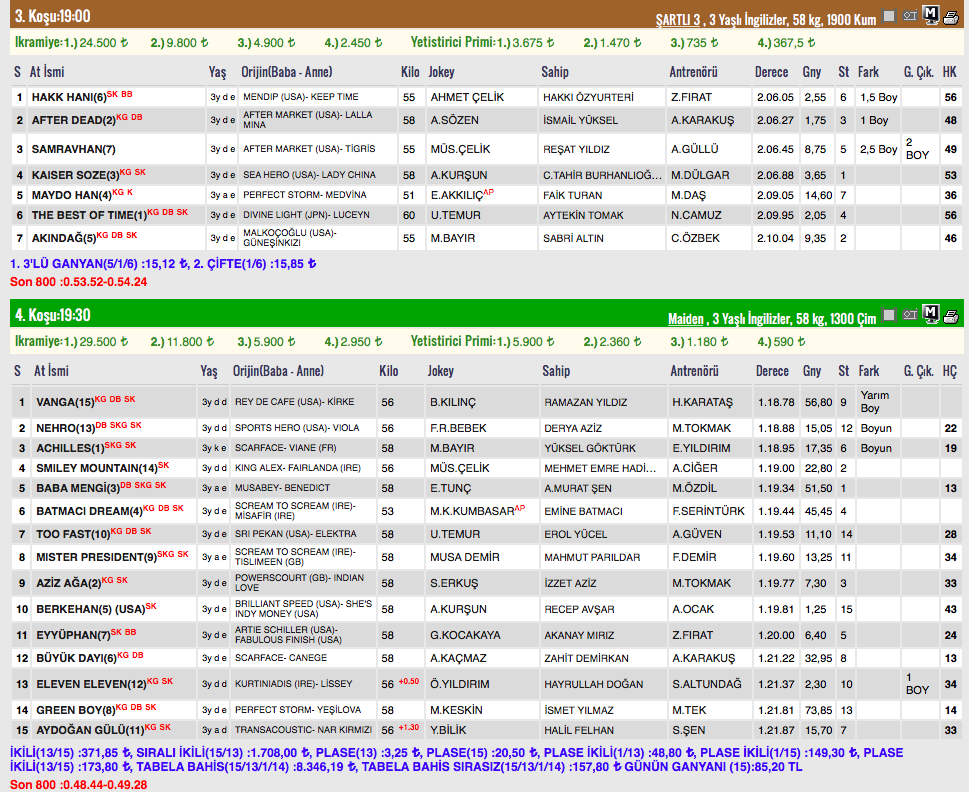 25 Mart 2018 Adana at yarışı sonuçları