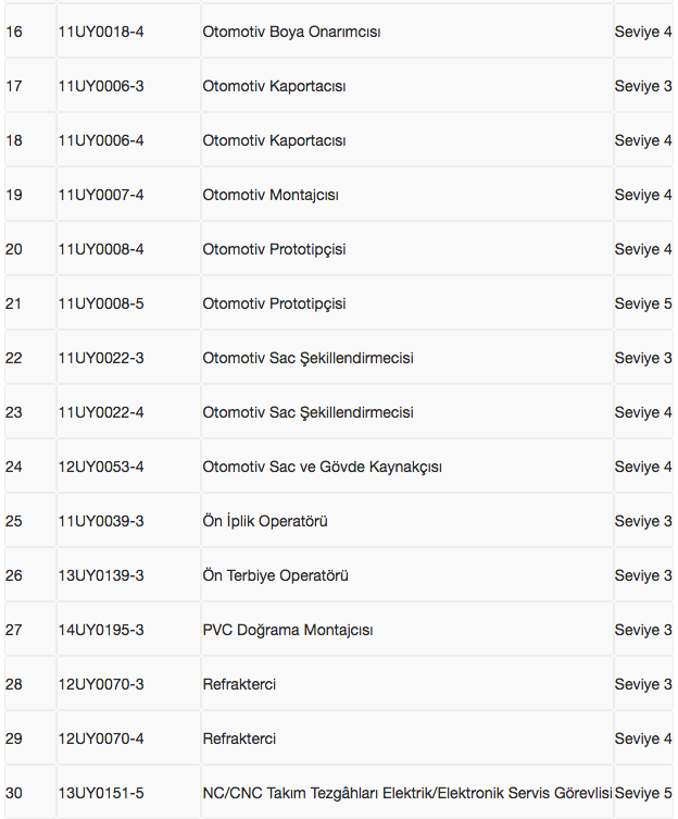mesleki yeterlilik belgesi gereken meslekler listesi 2