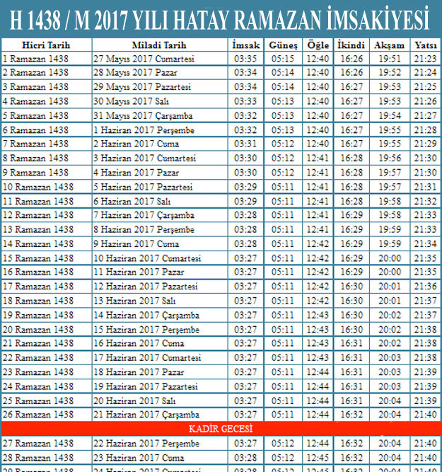 2017 imsakiye hatay iftar saatleri sahur ezan vakti internet haber