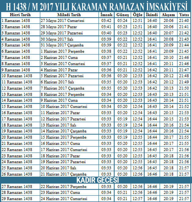 Karaman Namaz Vakitleri Diyanet