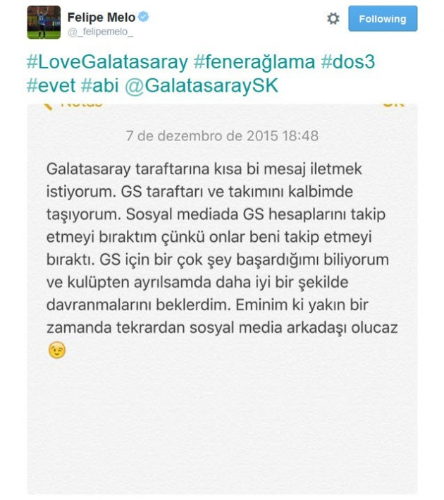 Felipe Melo'dan Galatasaray mesajı!