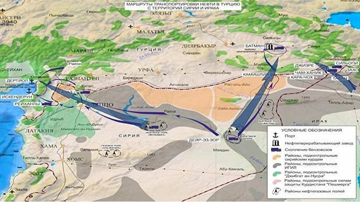 Rus Savunma Bakanlığı Türkiye'nin IŞİD'den petrol aldığı iddiasını bu haritayla savunmuştu)