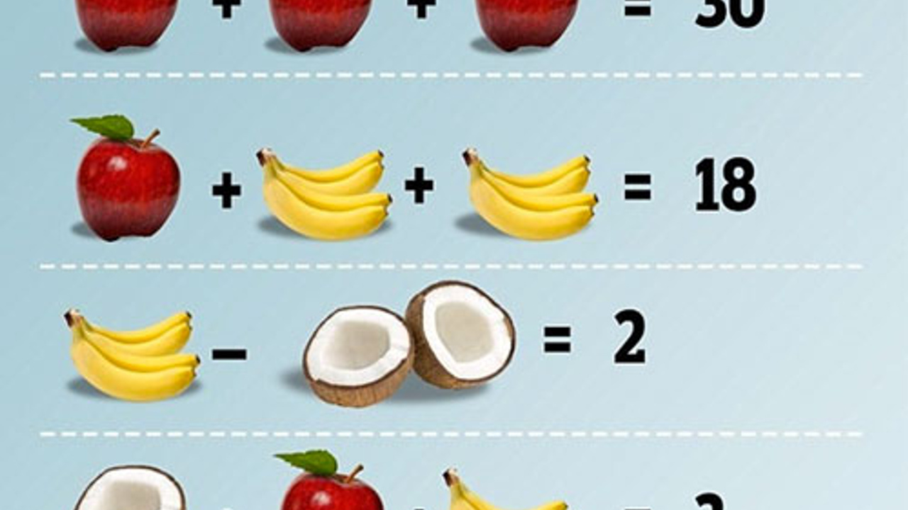 Задачи про фрукты. Задача на логику бананы. Ребус яблоко вишня клубника. Задача-картинка с яблоками бананами и кокосом. Ребус банан плюс банан равно 30.