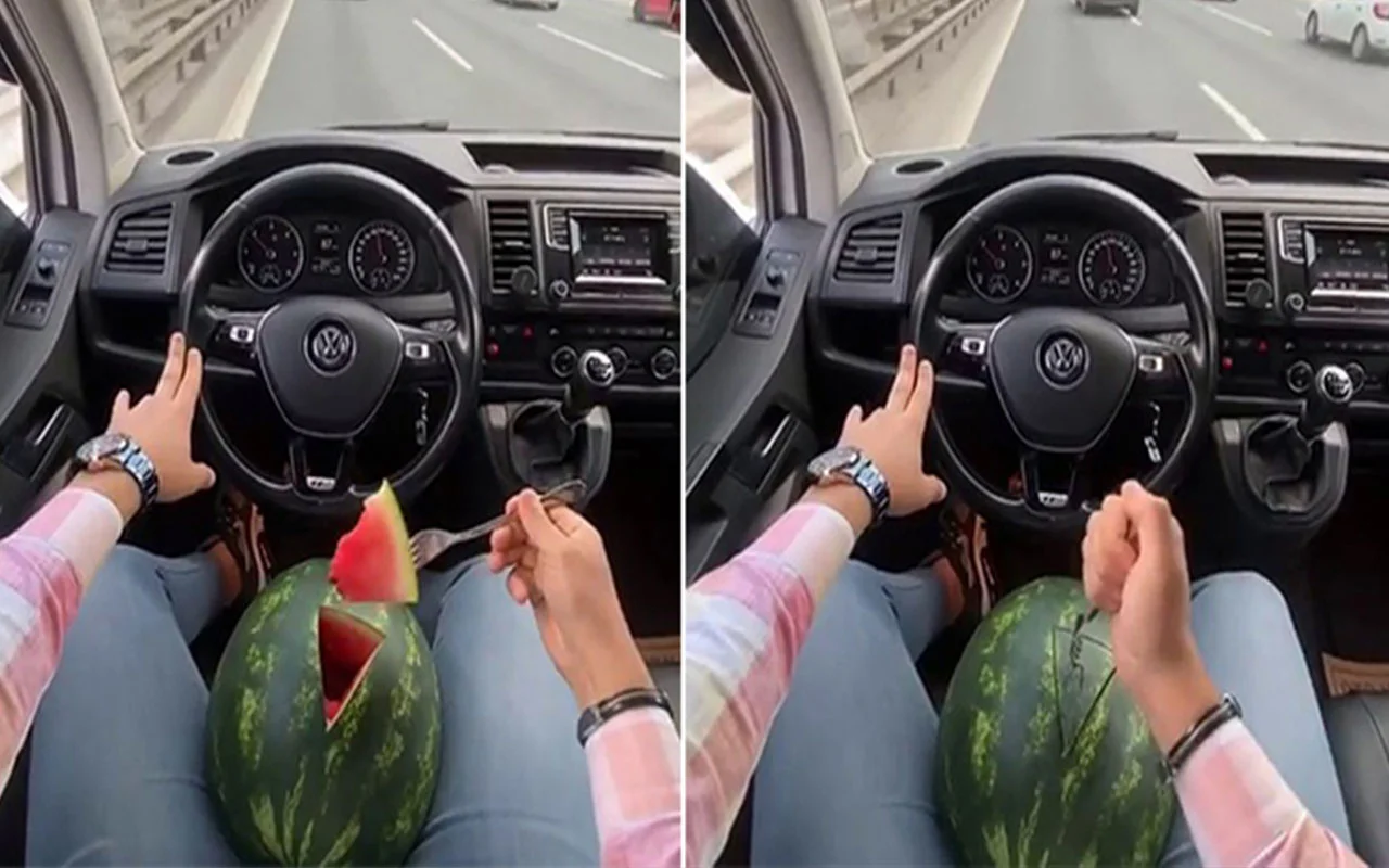 Trafikte Pes Dedirten Goruntu Arac Surerken Karpuz Yiyen Maganda Soke Etti Internet Haber