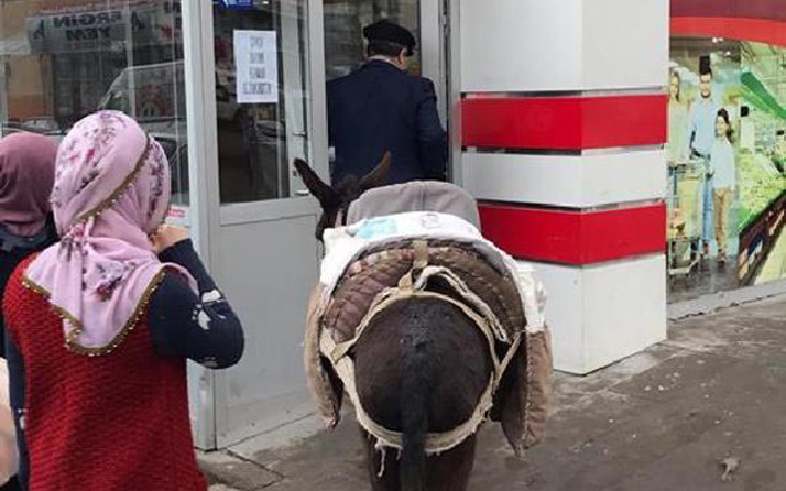 Markette eşekle alışveriş yaptı karakolluk oldu
