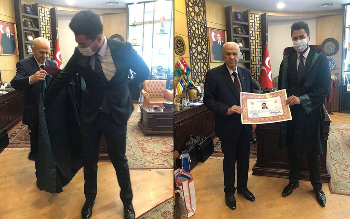 Devlet Bahçeli vefat eden MHP'li vekilin oğluna avukatlık cübbesini giydirdi