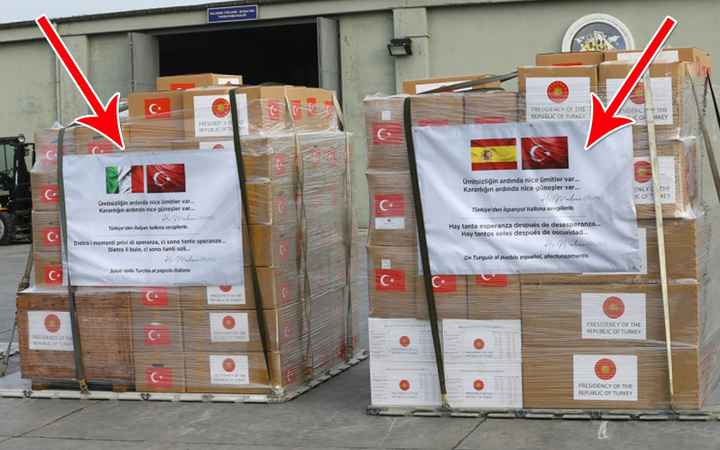 İspanya ve İtalya'ya gönderilen korona yardımı sandıklarında dikkat çeken Mevlana notu
