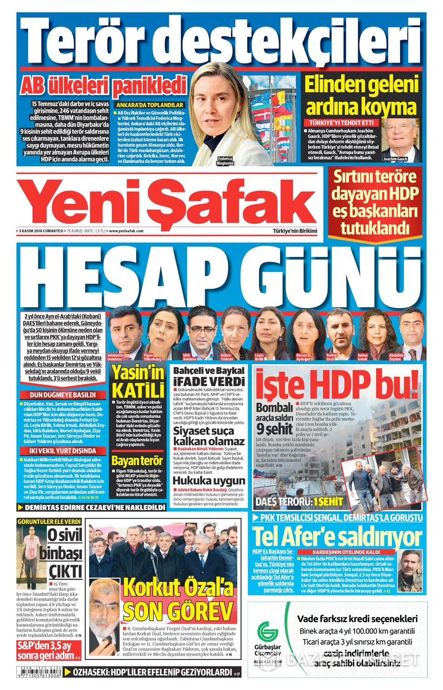 Gazete manşetleri 5 Kasım 2016 HDP için ne ne manşet attı!