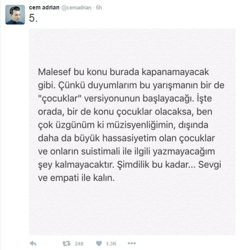 Cem Adrian'ın 'O Ses Türkiye' tepkisi devam ediyor