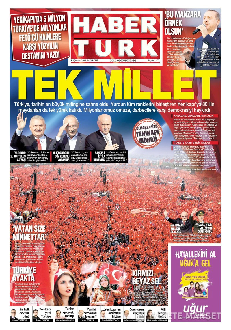 8 Ağustos gazete manşetleri Yenikapı için ne başlık attı?
