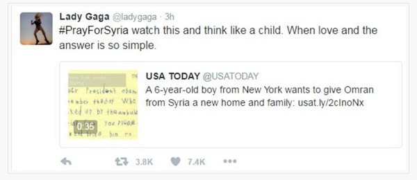 Lady Gaga Suriyeliler için dua istedi!