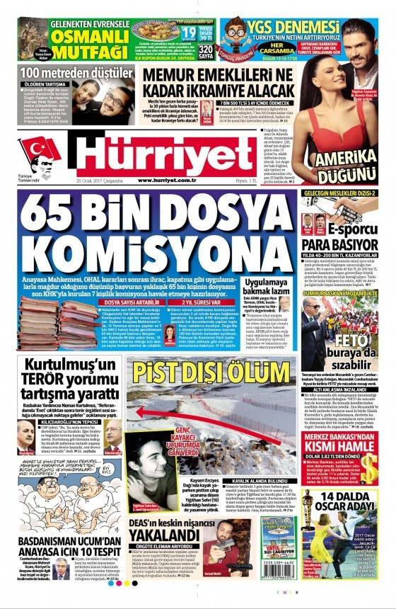 Gazete manşetleri Hürriyet - Sözcü - Cumhuriyet 25 Ocak 2017