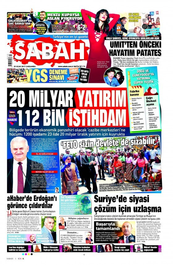 Gazete manşetleri Hürriyet - Sözcü - Cumhuriyet 25 Ocak 2017