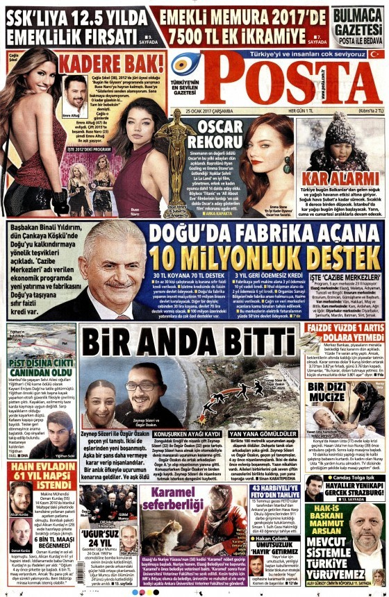 Gazete manşetleri Hürriyet - Sözcü - Cumhuriyet 25 Ocak 2017