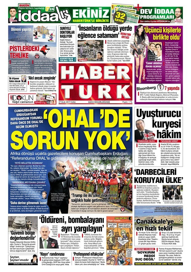 Gazete manşetleri Sözcü - Hürriyet - Yeni Şafak 27 Ocak 2017