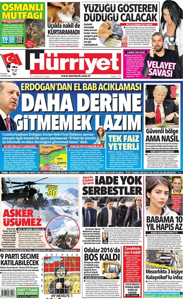 Gazete manşetleri Sözcü - Hürriyet - Yeni Şafak 27 Ocak 2017