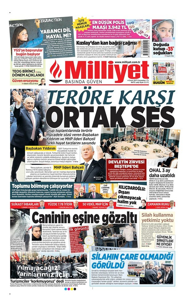 Gazete manşetleri 4 Ocak 2017 Sözcü - Hürriyet - Cumhuriyet 