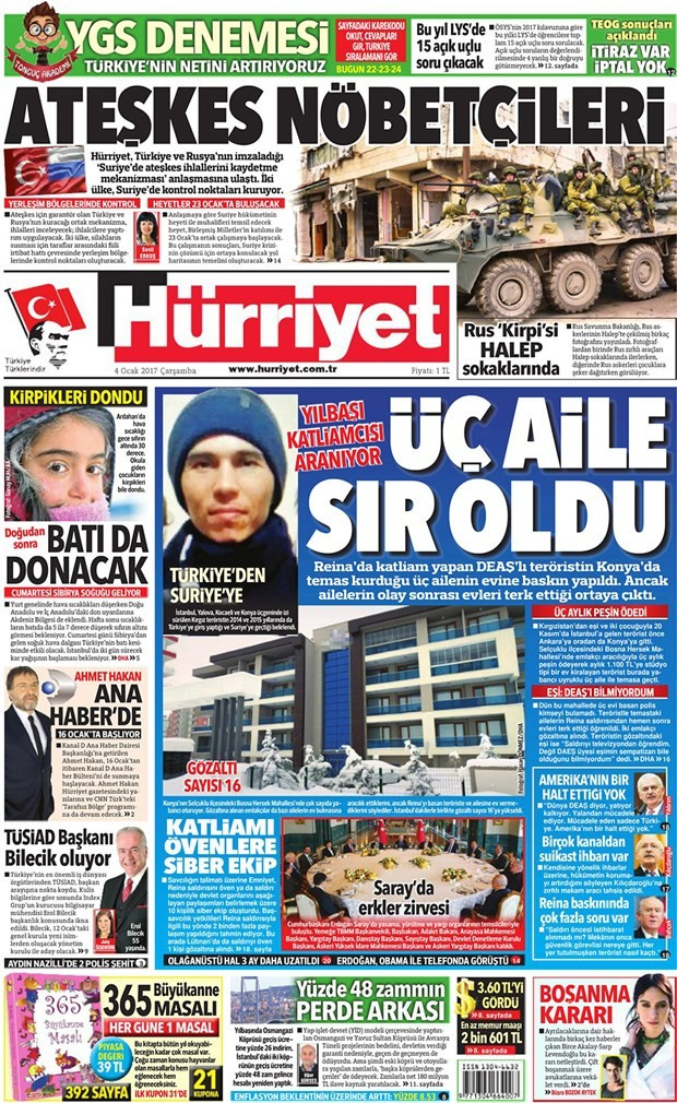 Gazete manşetleri 4 Ocak 2017 Sözcü - Hürriyet - Cumhuriyet 