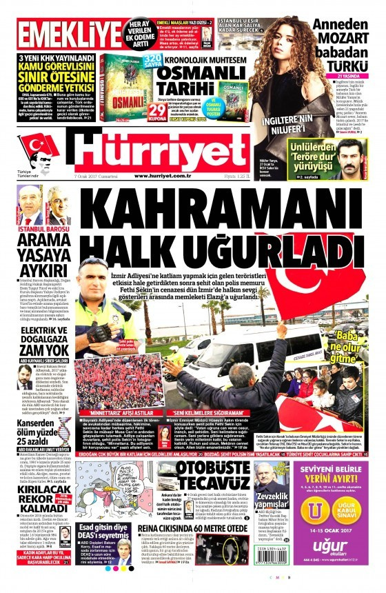 Gazete manşetleri 7 Ocak 2017 Sözcü - Hürriyet - Cumhuriyet 