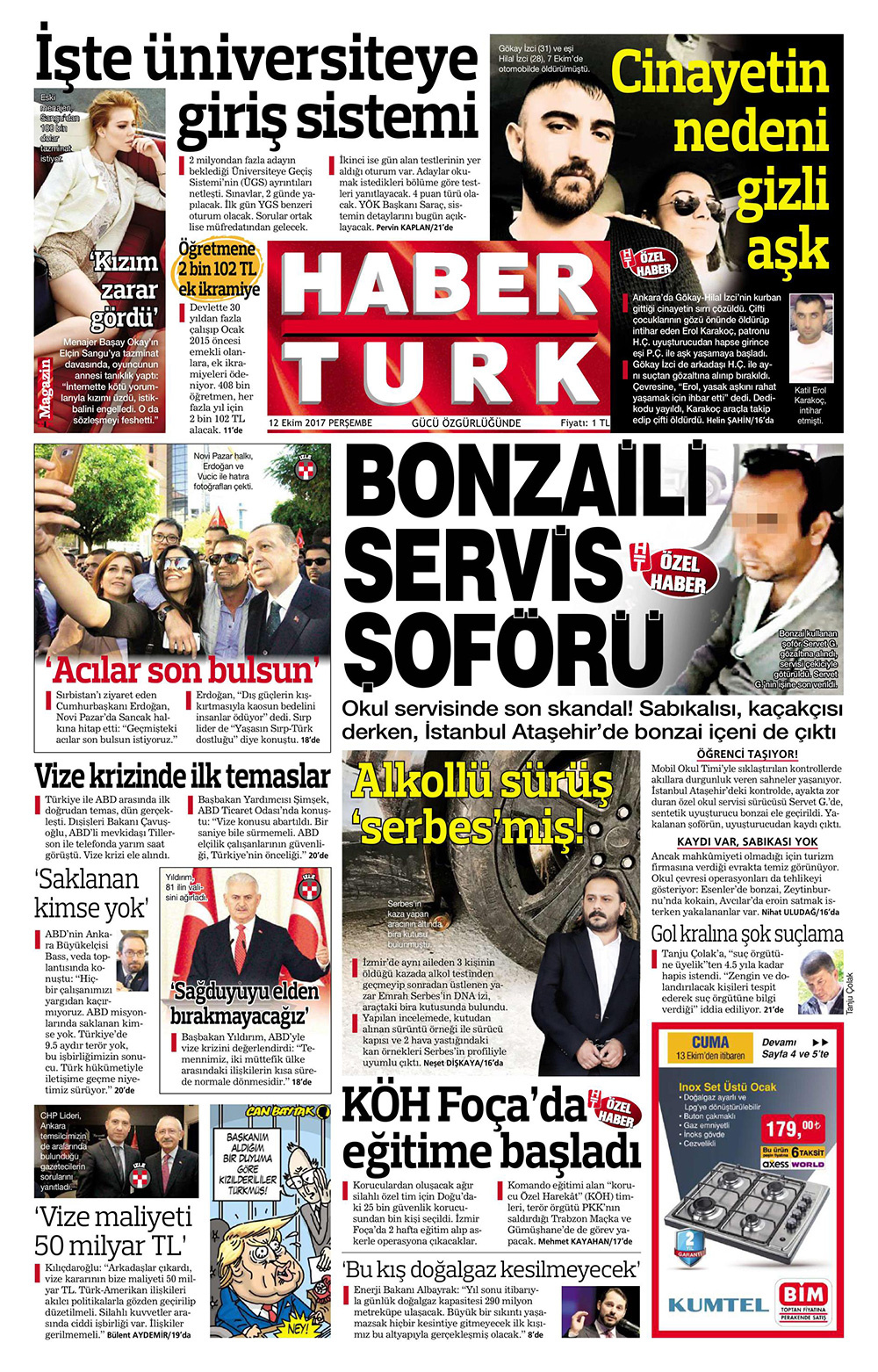 Gazete manşetleri Sözcü - Milliyet - Hürriyet 12 Ekim 2017