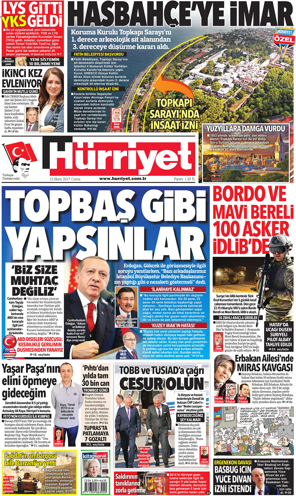 Gazete manşetleri Sözcü - Habertürk - Hürriyet 13 Ekim 2017