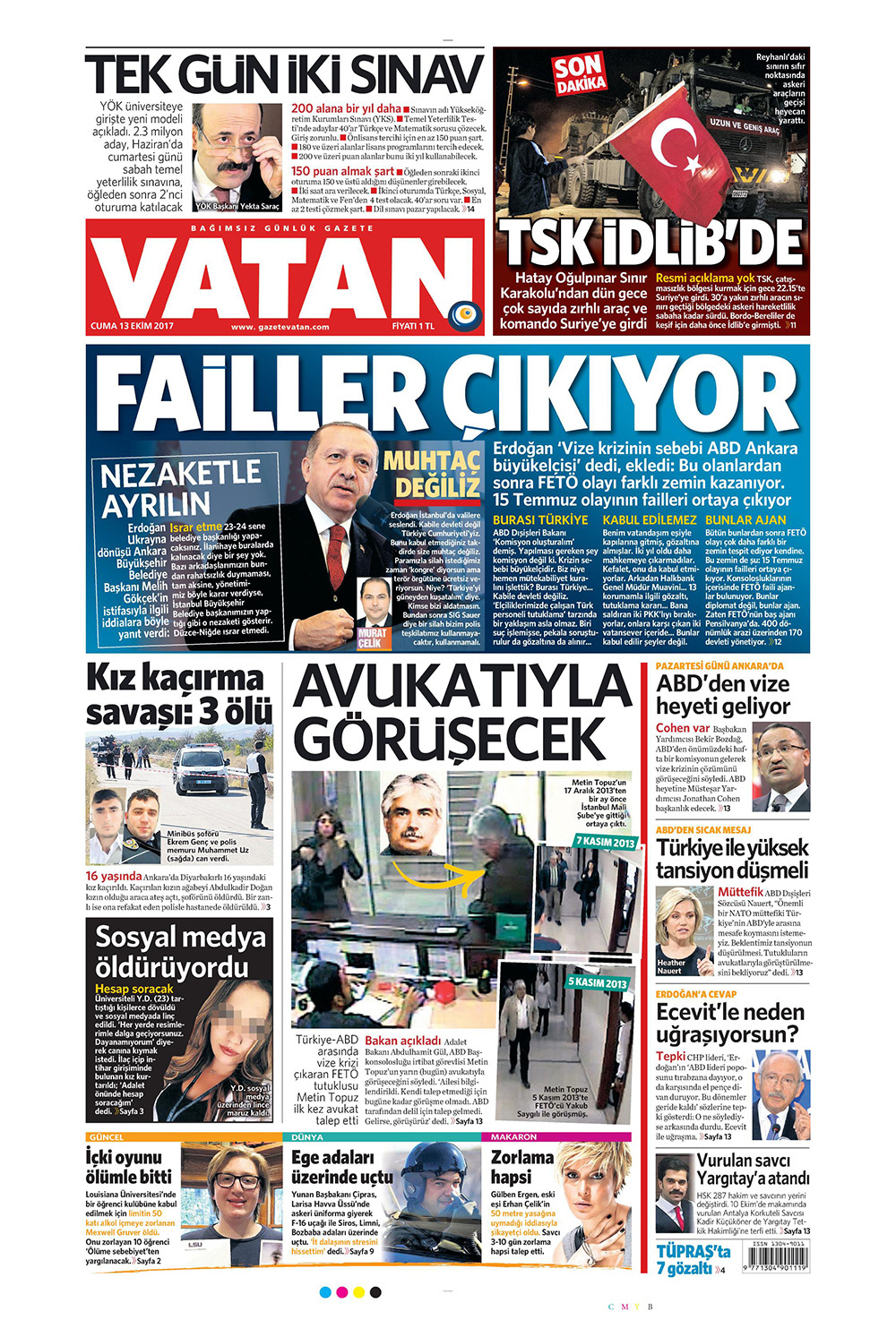 Gazete manşetleri Sözcü - Habertürk - Hürriyet 13 Ekim 2017