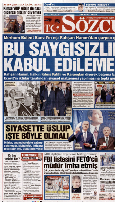 Gazete manşetleri Hürriyet - Fanatik - Sözcü 14 Ekim 2017