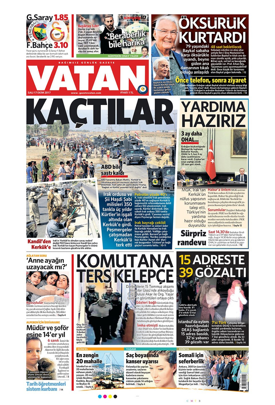 Gazete manşetleri Sözcü - Habertürk - Hürriyet 17 EKim 2017