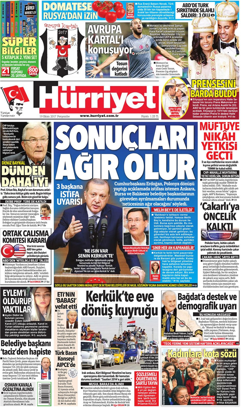 Gazete manşetleri Sözcü - Fanatik - Hürriyet 19 Ekim 2017