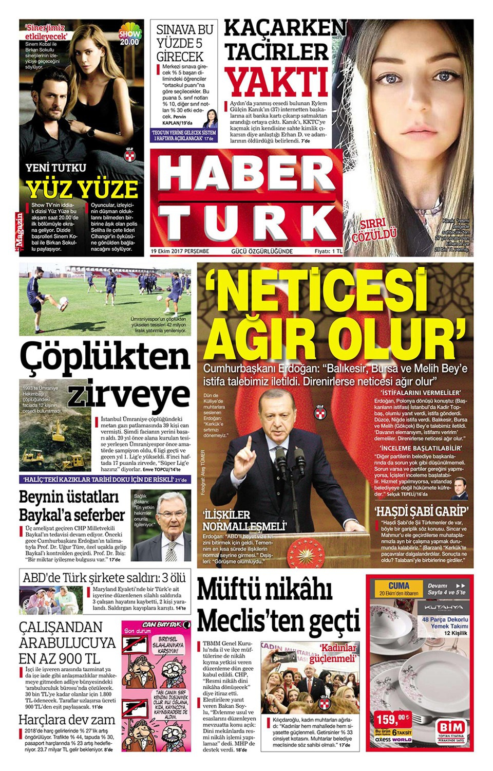 Gazete manşetleri Sözcü - Fanatik - Hürriyet 19 Ekim 2017