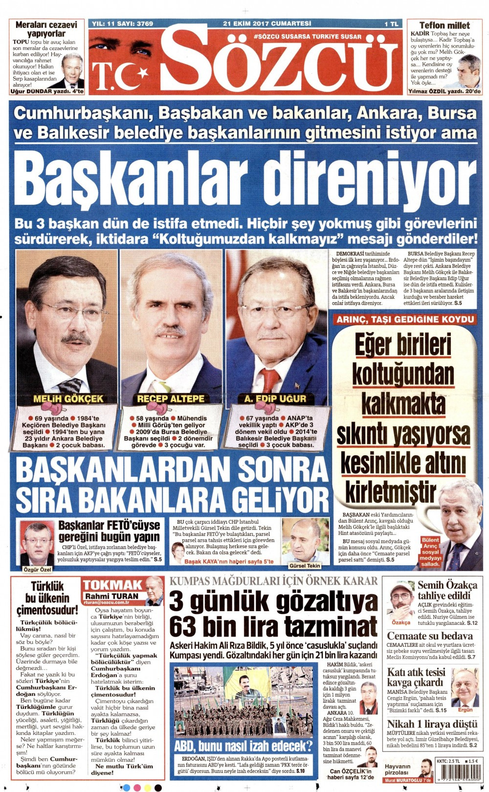 Gazete manşetleri Sözcü - Hürriyet - Habertürk 21 Ekim 2017