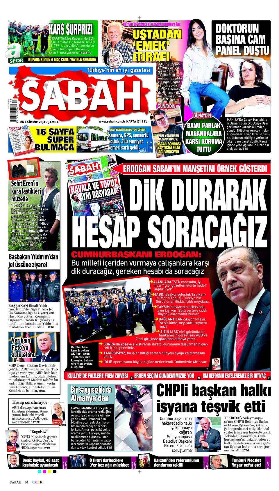 Gazete manşetleri Hürriyet - Sözcü - Milliyet 25 Ekim 2017
