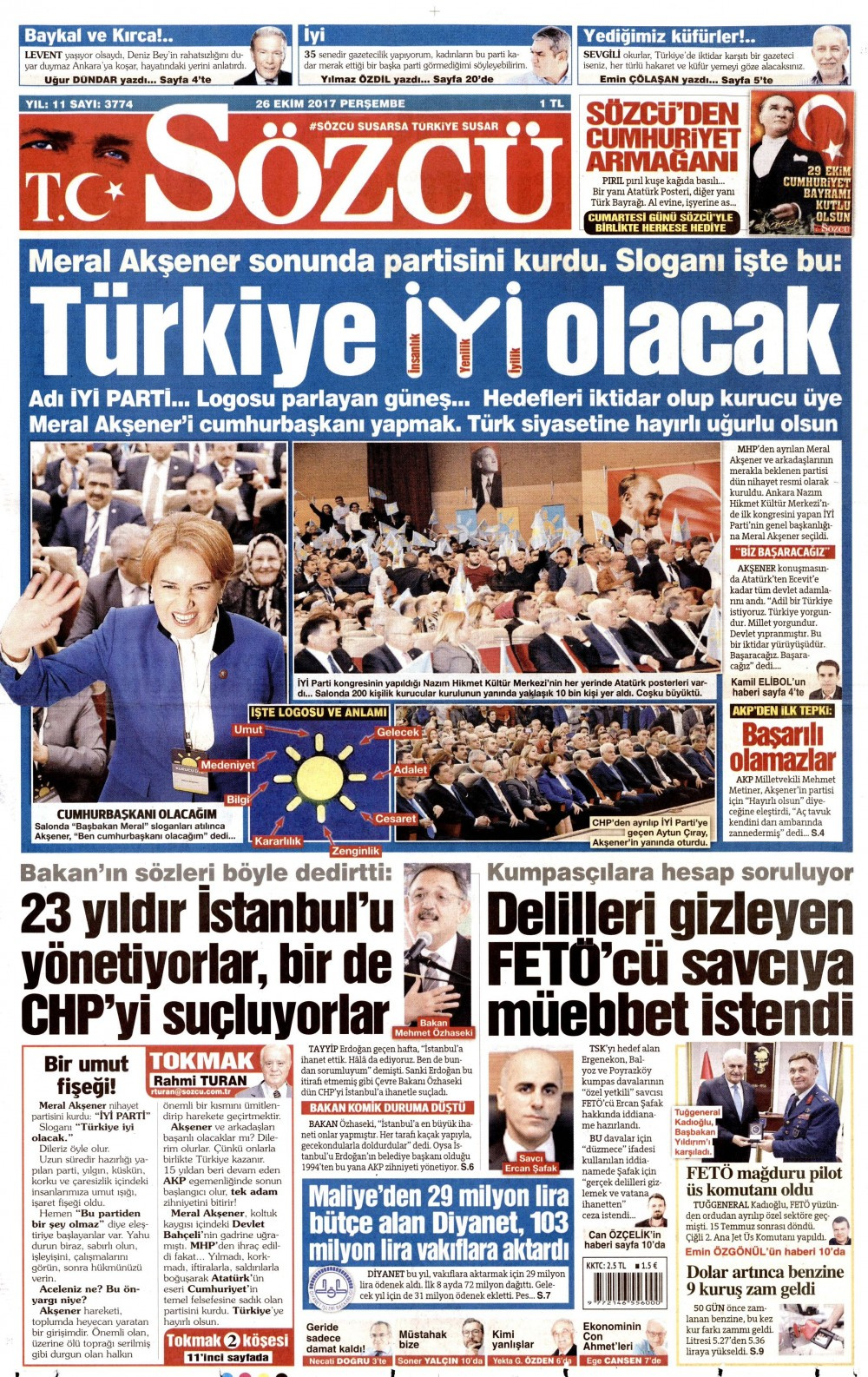 Gazete manşetleri Sözcü - Hürriyet - Habertürk 26 Ekim 2017