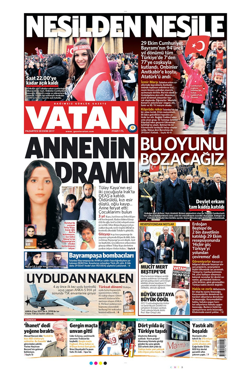 Gazete manşetleri Hürriyet - Fanatik - Habertürk 30 Ekim 2017