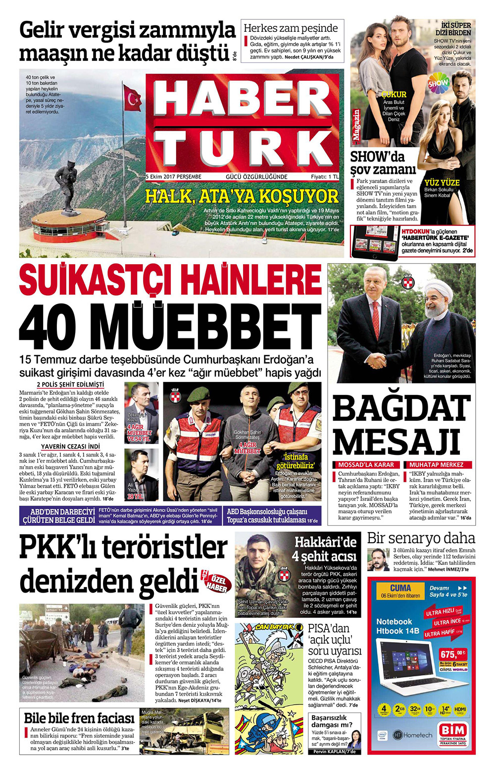 Gazete manşetleri Hürriyet - Sözcü - Cumhuriyet 5 Ekim 2017