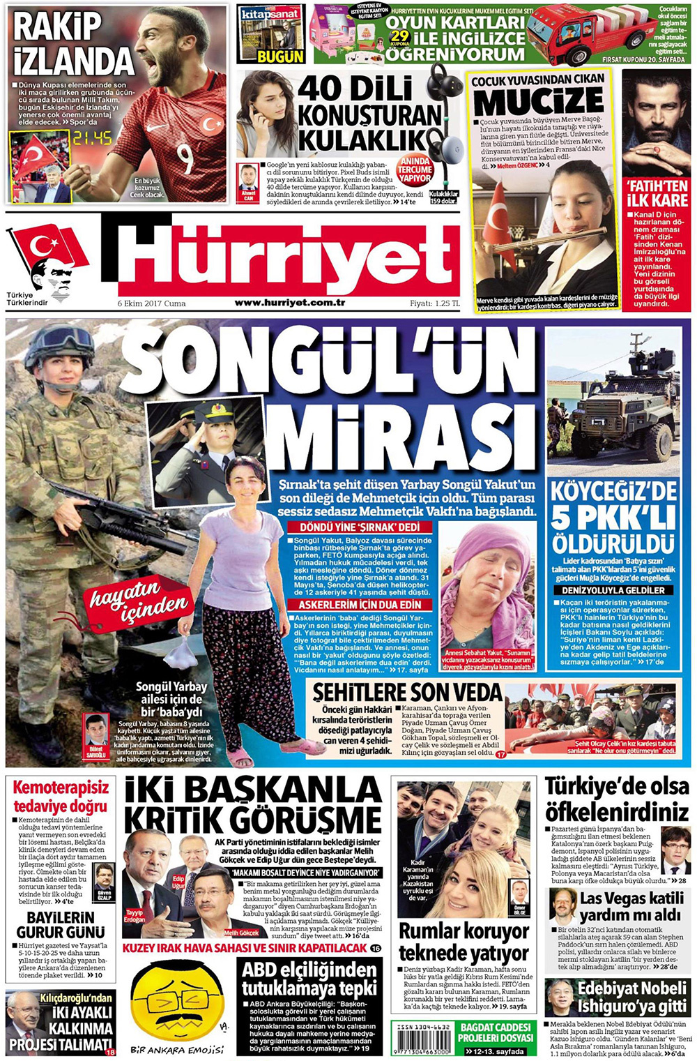 Gazete manşetleri Milliyet - Sözcü - Sabah 6 Ekim 2017