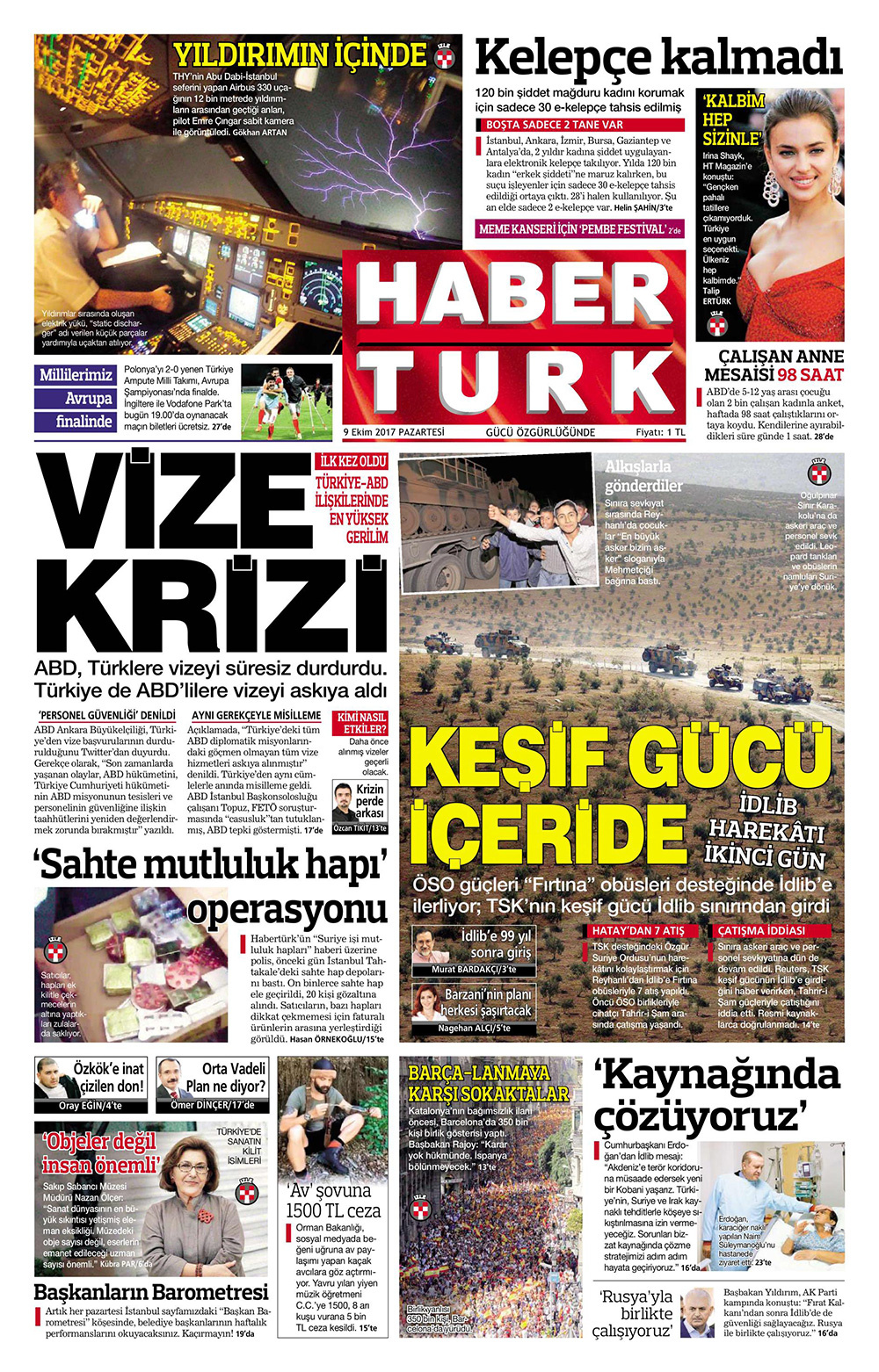 Gazete manşetleri Hürriyet - Sözcü - Habertürk 9 Ekim 2017 