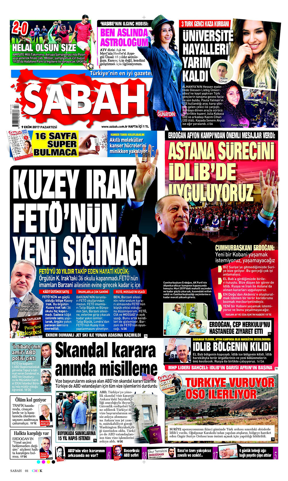 Gazete manşetleri Hürriyet - Sözcü - Habertürk 9 Ekim 2017 
