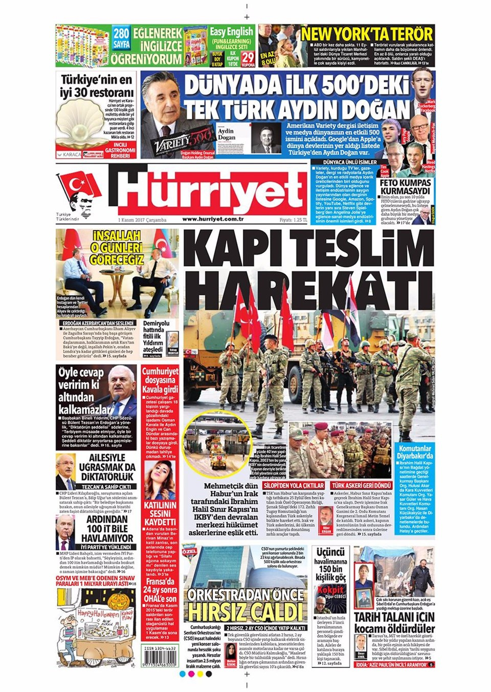 Gazete manşetleri Sözcü - Hürriyet - Sabah 1 Kasım 2017