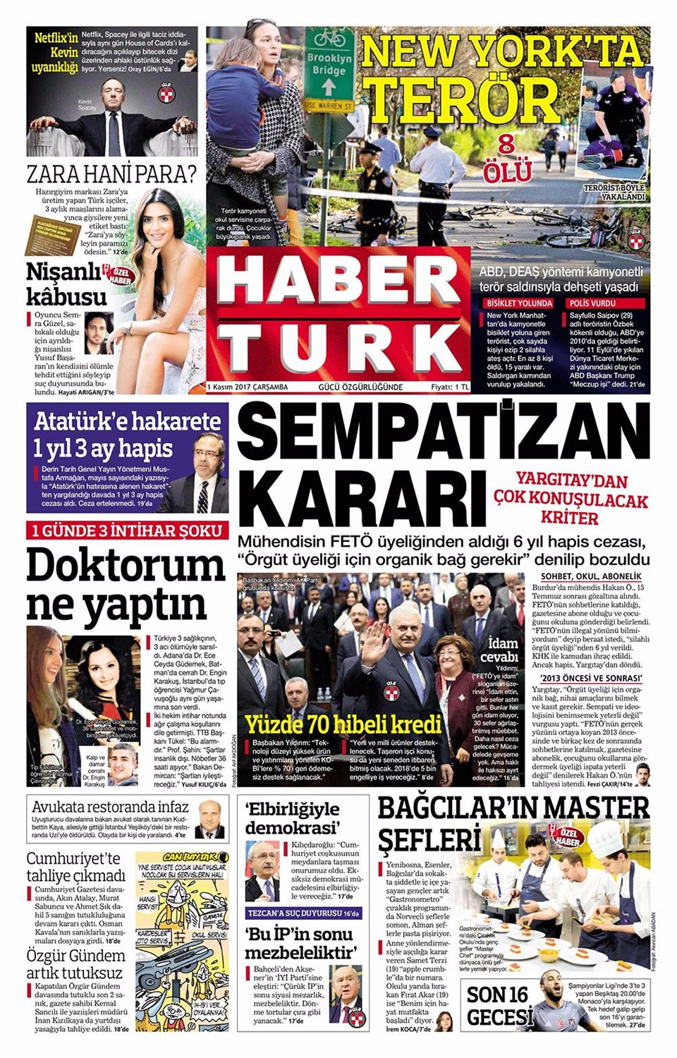 Gazete manşetleri Sözcü - Hürriyet - Sabah 1 Kasım 2017