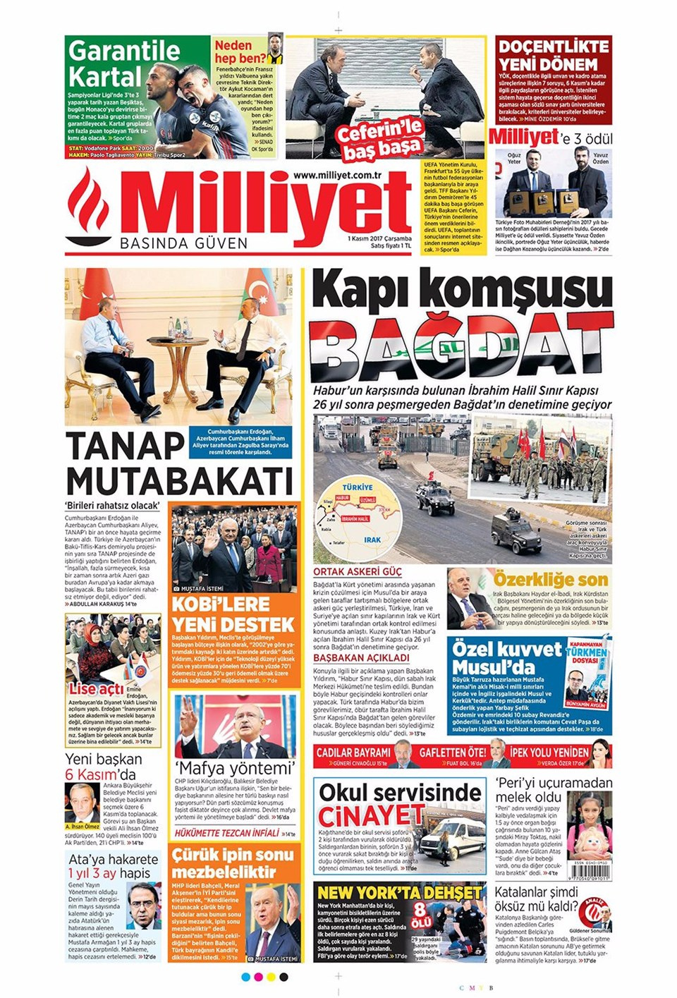 Gazete manşetleri Sözcü - Hürriyet - Sabah 1 Kasım 2017