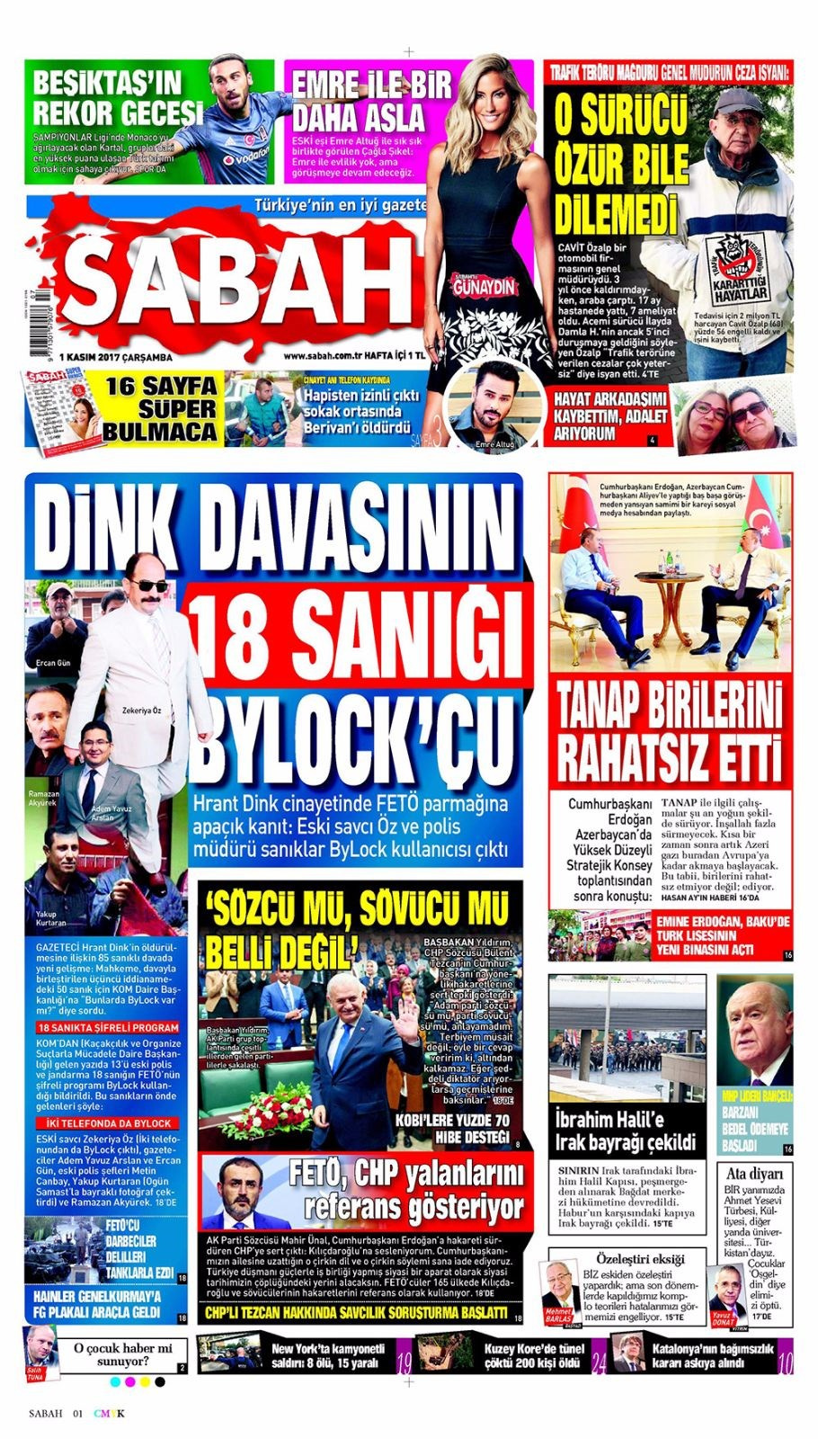 Gazete manşetleri Sözcü - Hürriyet - Sabah 1 Kasım 2017