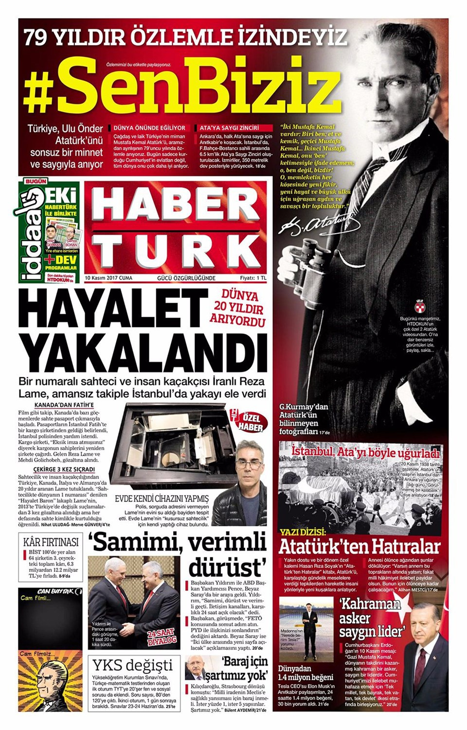Gazete manşetleri Sözcü - Habertürk - Hürriyet 10 Kasım 2017