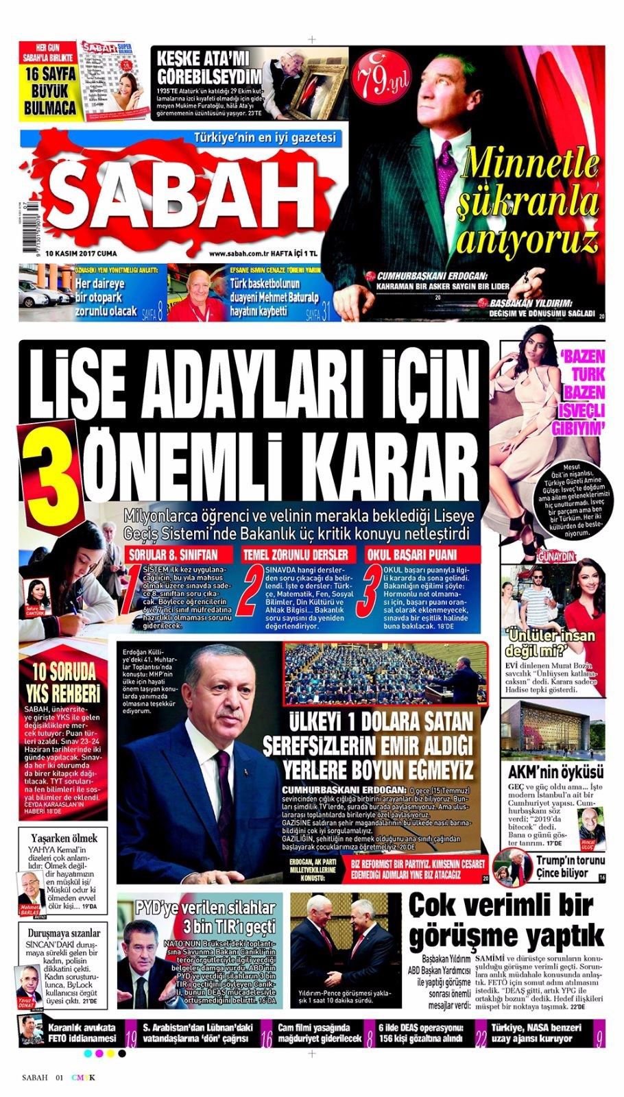 Gazete manşetleri Sözcü - Habertürk - Hürriyet 10 Kasım 2017