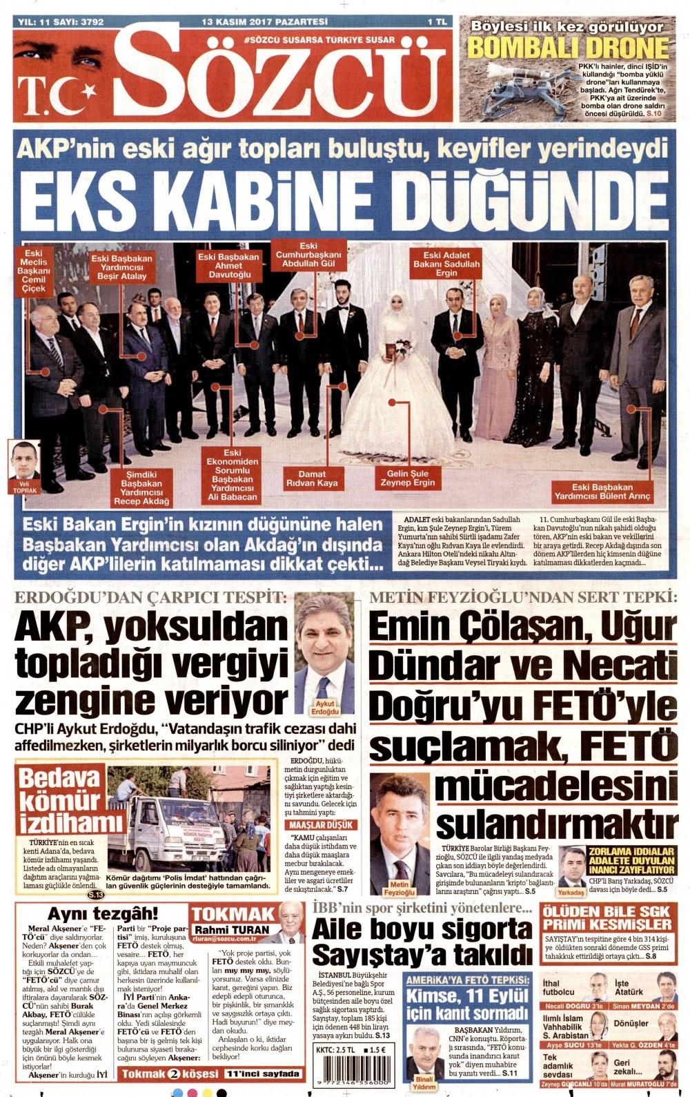 Gazete manşetleri Fanatik - Fotomaç - Sözcü 13 Kasım 2017