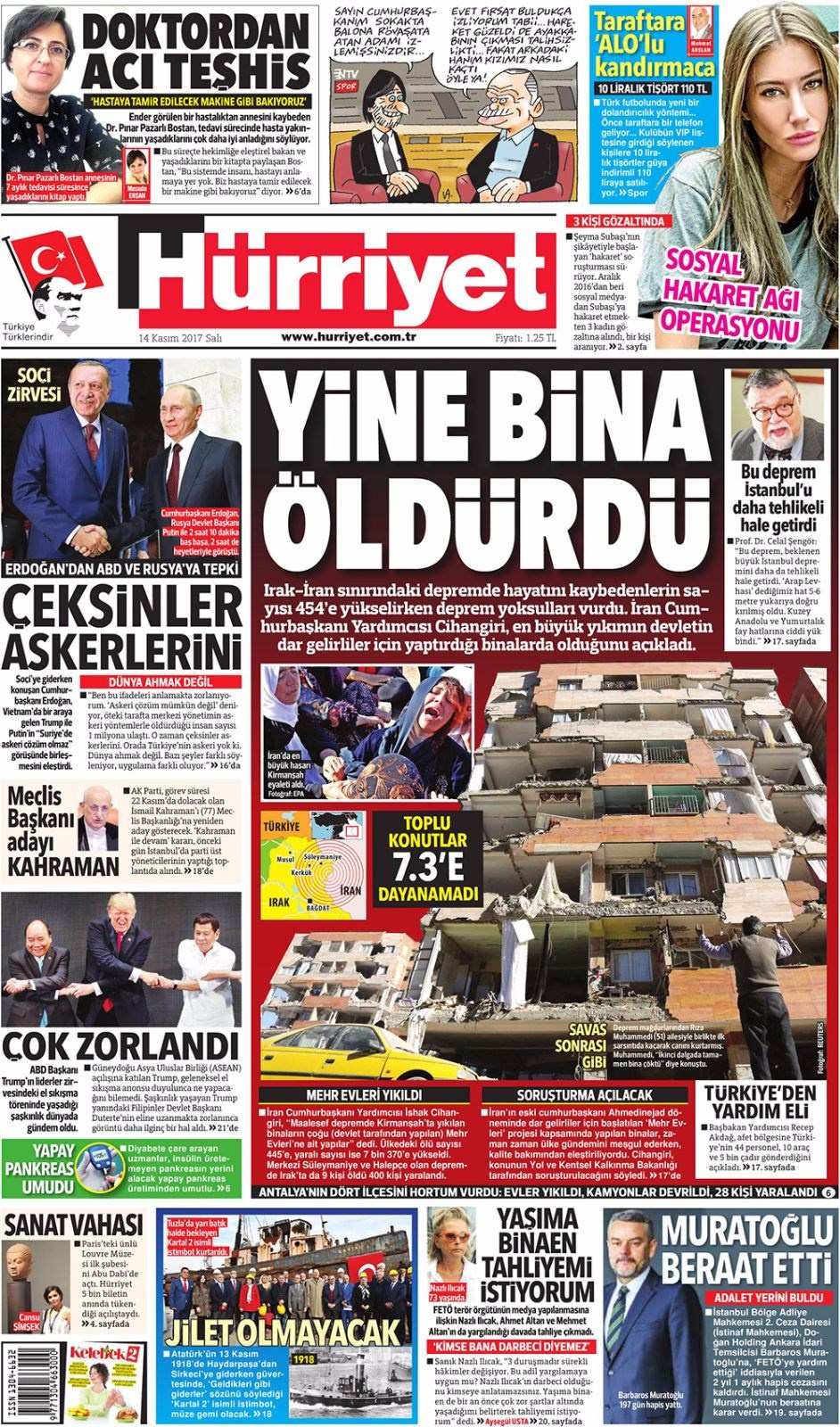 Gazete manşetleri Hürriyet - Sözcü - Habertürk 14 Kasım 2017