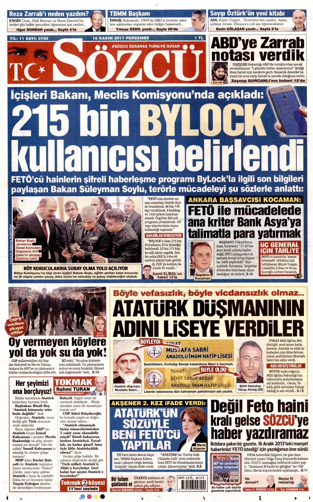 Gazete manşetleri Sözcü - Hürriyet - Habertürk 16 Kasım 2017